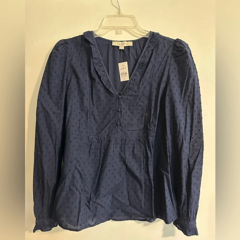 NWT Small Loft Navy Long Sleeve Cotton Blouse